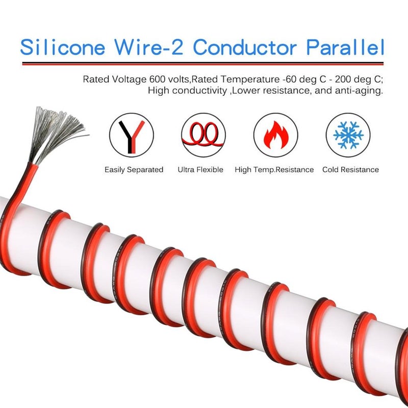 BNTECHGO 20 Gauge Flexible 2 Conductor Parallel Silicone Wire Spool Red Black High Resistant 200 deg C 600V for Single Color LED Strip Extension Cable Cord,Model,50ft Stranded Tinned Copper Wire - Image 4